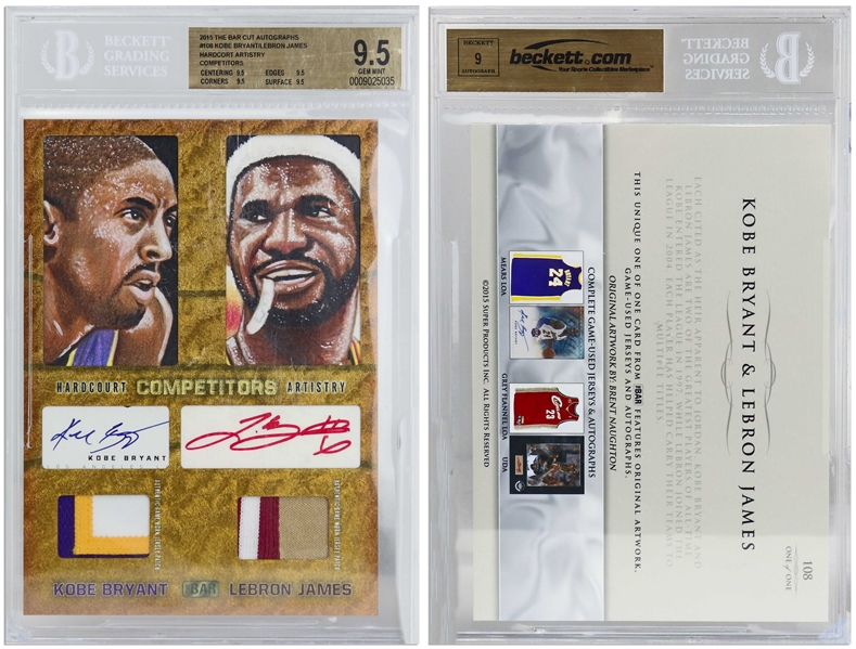 Kobe Bryant & LeBron James Dual-Signed 2015 Bar Competitors Card by Super Break -- 1/1 of a Kind -- Beckett Graded 9.5 for Card & 9 for Autographs -- 6 x 9 Oversized Card With Game-Worn Patches