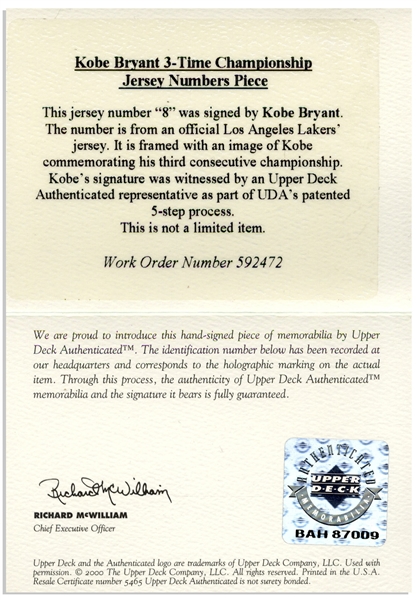 Kobe Bryant Signed #8 to Commemorate the Lakers Three-Peat From 2000-2002 -- With Upper Deck Authentication
