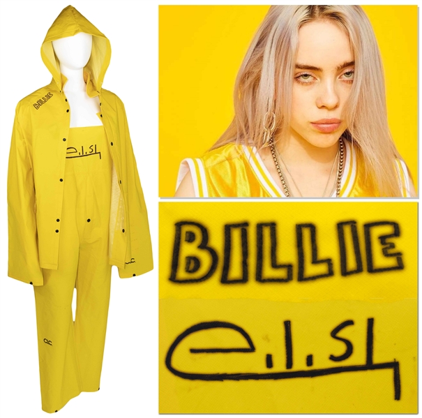 Billie Eilish Personally Owned, Worn & Signed Outfit -- Quintessential Bright Yellow Outfit Includes Overalls, Jacket & Hood