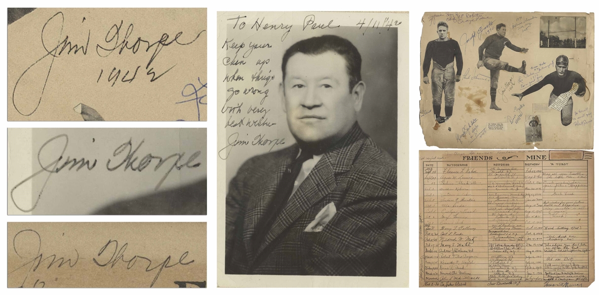Jim Thorpe Lot of Three Signed Items, Including a Rare Signed Photo -- Considered One of the Greatest Athletes of All Time, Thorpe Was the First Native American to Win an Olympic Gold Medal for the US