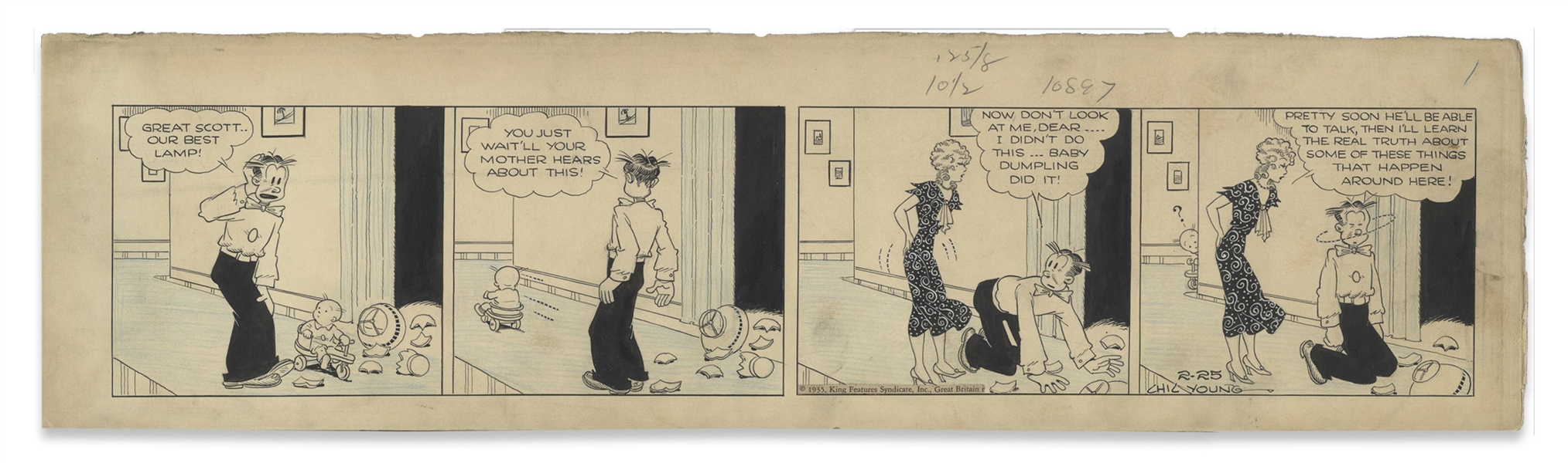 Chic Young Hand-Drawn ''Blondie'' Comic Strip From 1935 Titled ''A Little Light on the Subject'' -- Dagwood's Put on Notice