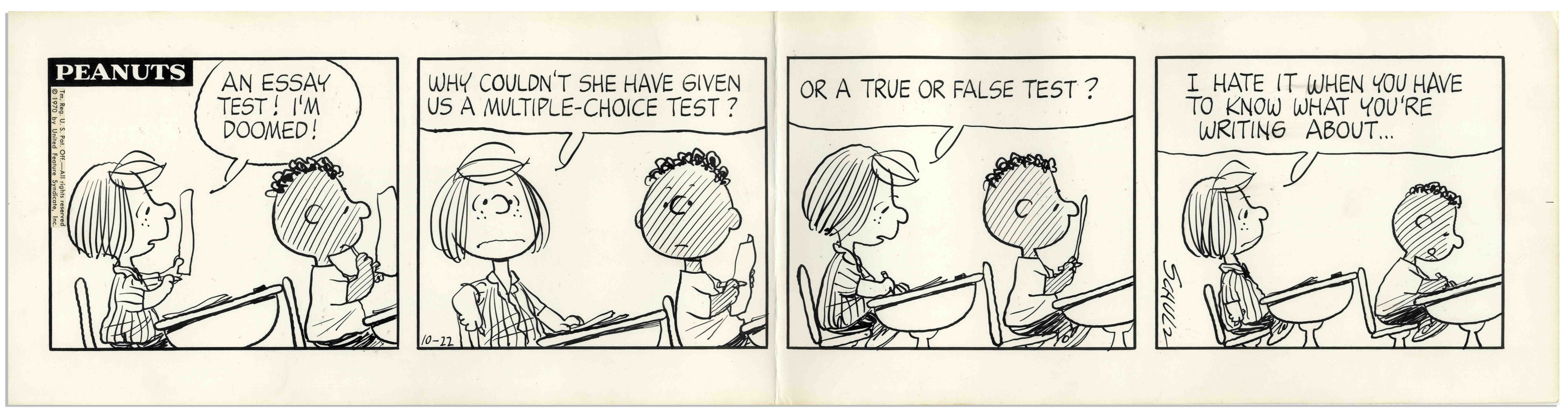 Lot Detail - Charles Schulz Hand-Drawn ''Peanuts'' Strip From 1970 --  Featuring Franklin & Peppermint Patty