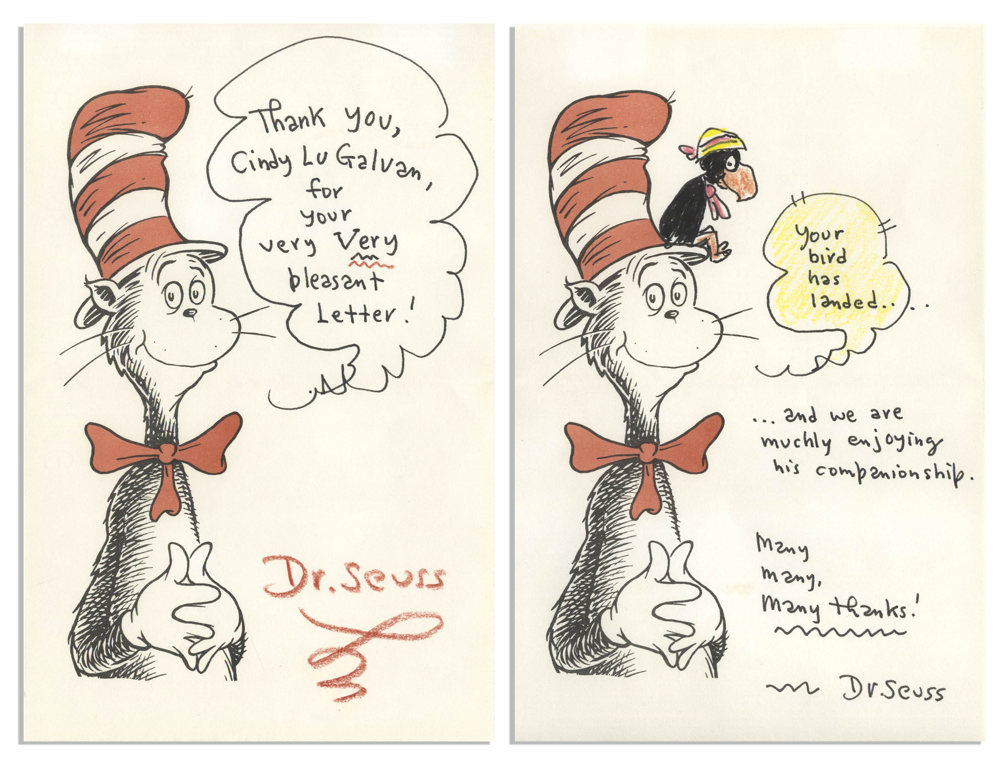 Lot Detail - Pair Of Dr. Seuss Autograph Letters Signed On ''cat In The 