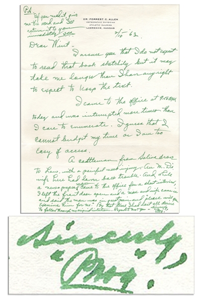 Legendary Basketball Coach Phog Allen Autograph Letter Signed & Initialed -- ''...By that time I had lost all desire to follow through my assigned intention...''