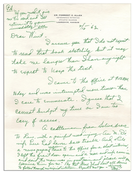 Legendary Basketball Coach Phog Allen Autograph Letter Signed & Initialed -- ''...By that time I had lost all desire to follow through my assigned intention...''