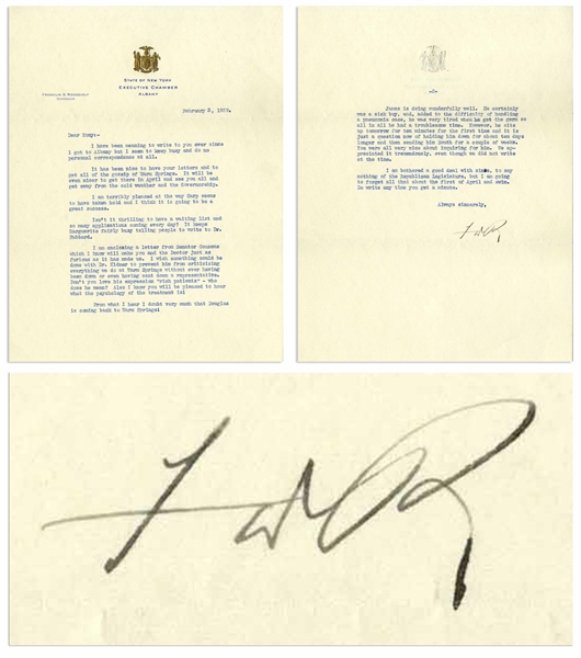 Fantastic 2pp. Letter Signed by FDR Regarding Warm Springs -- ''...to prevent him from criticising everything we do at Warm Springs...Don't you love his expression 'rich patients'...''
