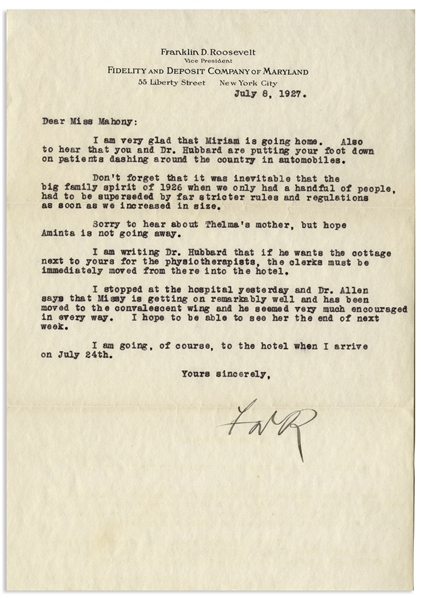 Franklin D. Roosevelt Letter Signed From 1927 Regarding Warm Springs -- ''...the big family spirit of 1926 when we only had a handful of people, had to be superseded by far stricter rules...''