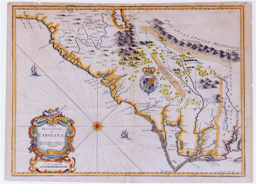 17th Century Map of the Carolinas, Extending From Jamestown, Virginia to Matanzas Bay, Florida
