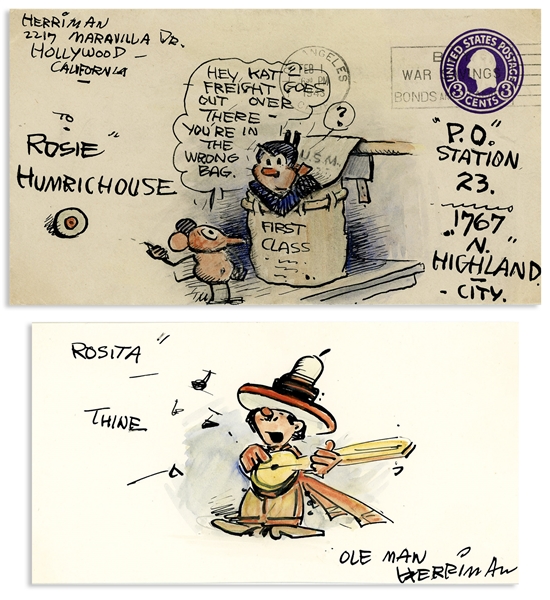 George Herriman Lot of Original ''Krazy Kat'' Artwork -- Herriman Draws an Envelope With Krazy Kat & Ignatz, and Also a Card With ''Ole Man Herriman'' Serenading a Friend