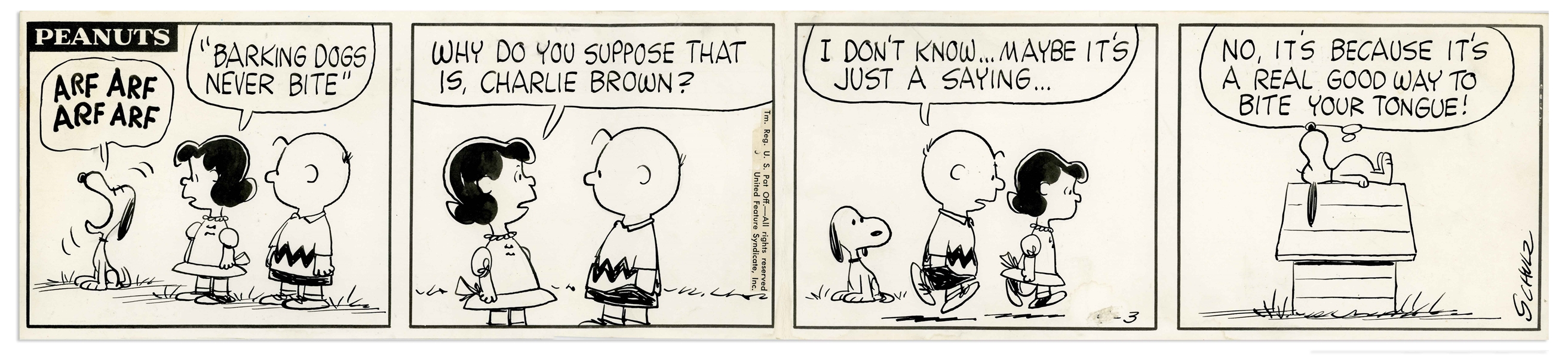 Original Charles Schulz Hand-Drawn ''Peanuts'' Comic Strip From 1960 Featuring Charlie Brown, Snoopy & Lucy -- ''Barking Dogs Never Bite''