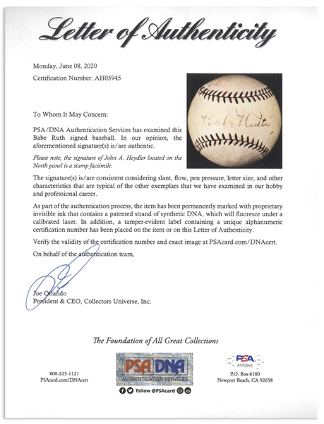 Babe Ruth Single Signed Baseball on the Sweet Spot -- With PSA/DNA COA