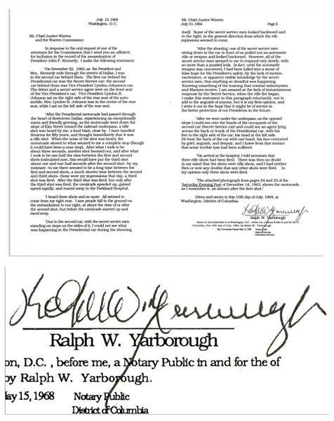 Ralph Yarborough Signed Statement to the Warren Commission Concerning President John F. Kennedy's Assassination -- Senator Yarborough Rode in the Vice President's Limousine Two Cars Behind JFK