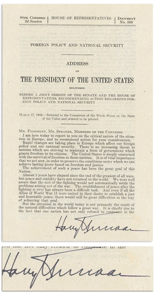 Harry Truman Signed Marshall Plan Speech -- Signed by Truman as President, This Speech to Congress Made the Case for the Most Important Achievement of His Presidency -- With University Archives COA