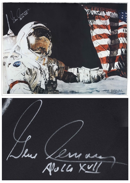 Gene Cernan Signed Moon Landing Artwork -- As Commander of the Apollo 17 Mission, Cernan Was the Last Man to Walk on the Moon -- With Novaspace COA