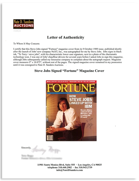 Steve Jobs Signed ''Fortune'' Magazine Cover From 1989 -- With an LOA From the Consignor, Jobs' Limousine Driver -- With JSA COA