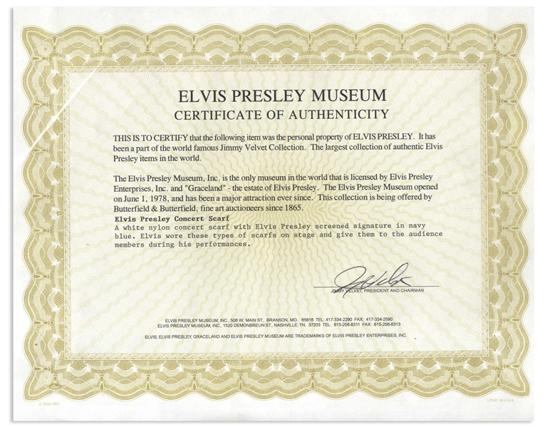 Elvis Presley Personally Owned Concert Scarf, With Elvis' Silk-Screened Signature -- With COA From the Elvis Presley Museum