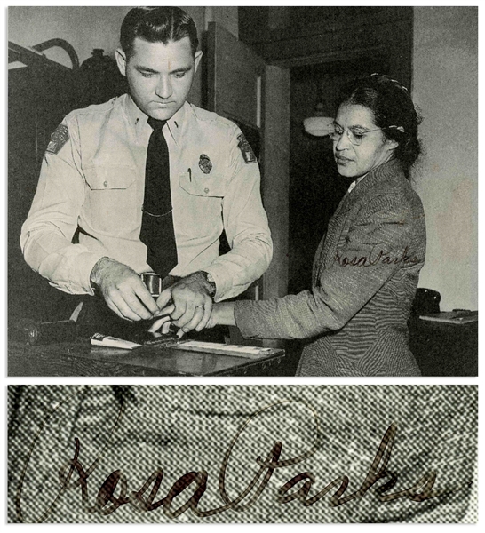 Rosa Parks Signed 10'' x 8'' Photo of Her Being Booked After Her Arrest