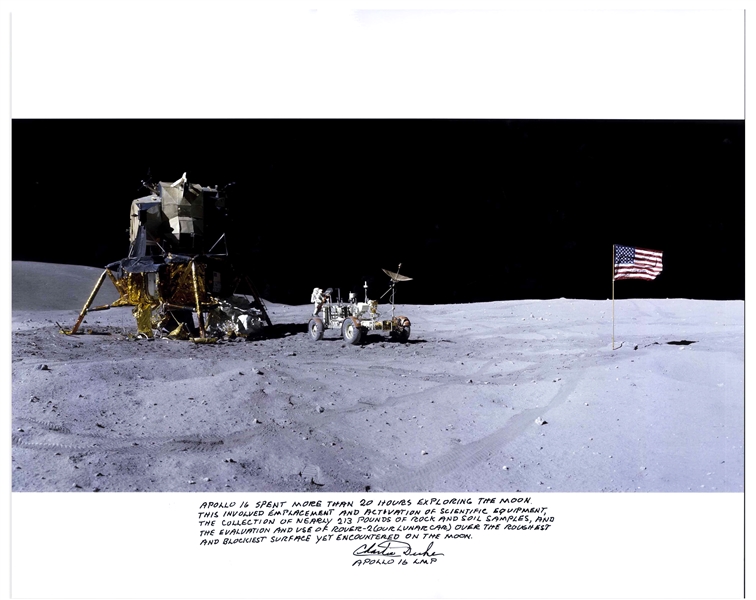 Charlie Duke Signed 20'' x 16'' Photo of the U.S. Flag Raised on the Lunar Surface -- With a Handwritten Inscription About the Mission: ''...Apollo 16 spent more than 20 hours exploring the moon...''