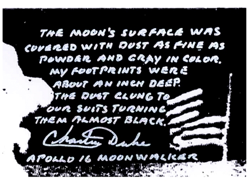 Charlie Duke Signed ''New York Times'' Poster From 22 April 1972, Reporting on the Apollo 16 Mission -- Duke Also Reflects on the Mission, Writing: ''...My footprints were about an inch deep...''