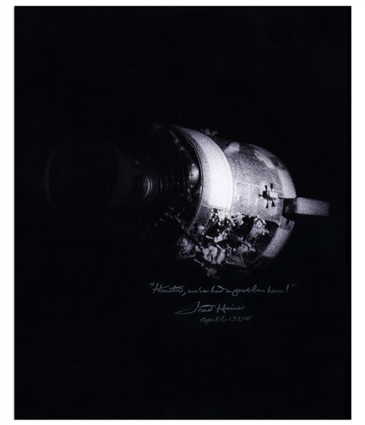 Fred Haise Signed 16'' x 20'' Photo of the Apollo 13 Damaged Service Module -- Haise Also Writes the Famous Quote, ''Houston, we've had a problem here!''