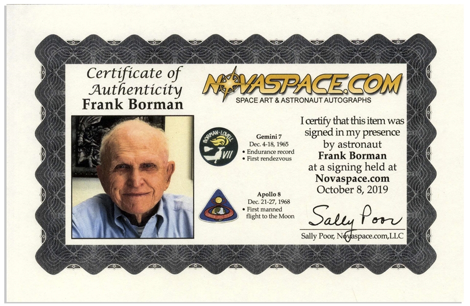 Frank Borman Signed 20'' x 16'' Photo, With a Handwritten Biblical Quote: ''...Let the waters under the Heavens be gathered together into one place. And let the dry land appear...''
