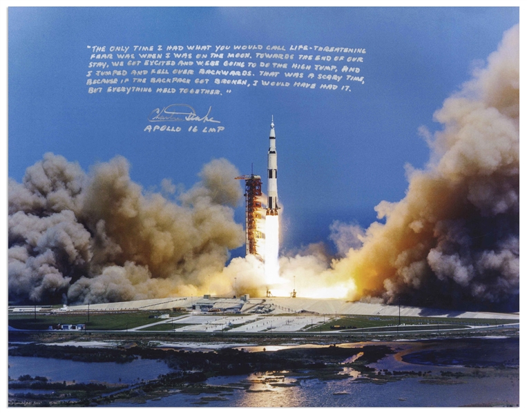 Charlie Duke Signed 20'' x 16'' Photo of the Apollo 16 Rocket Launch -- With a Handwritten Recollection About Nearly Losing His Life on the Moon: ''...I would have had it...''