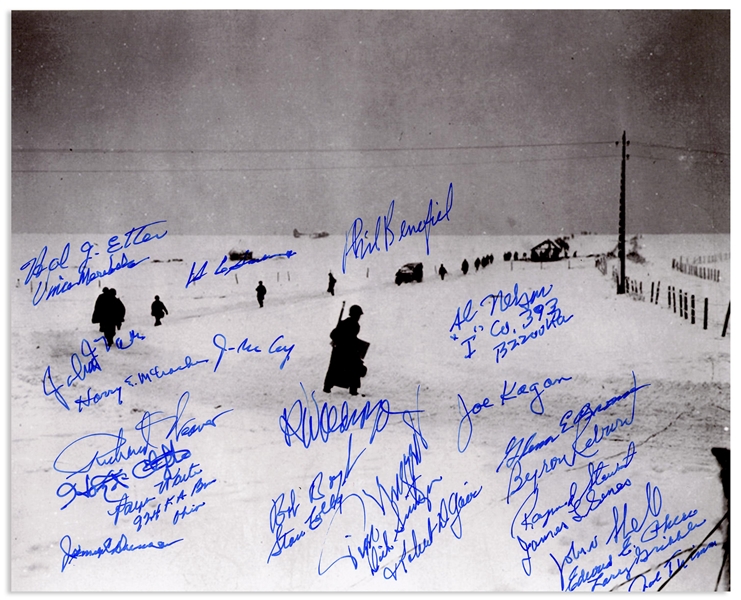 Photo Signed by 27 Survivors of the Battle of the Bulge, the WWII Battle With the Highest Number of Allied Casualties -- With PSA/DNA COA for All 27 Signatures