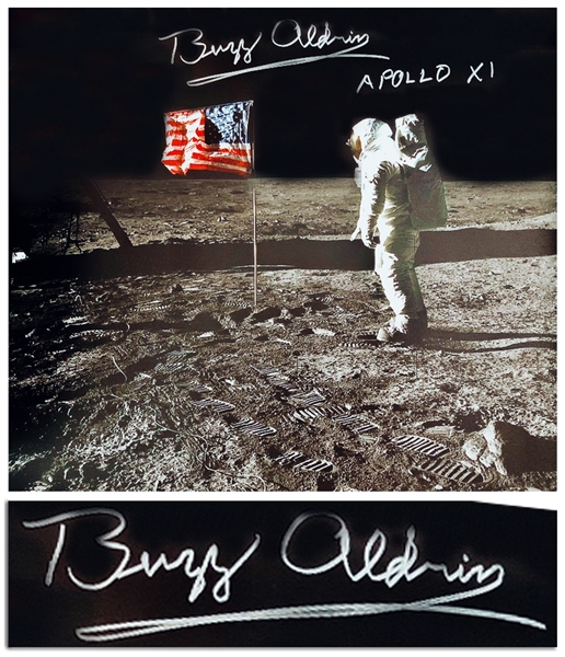 Buzz Aldrin Signed Canvas of the Iconic Apollo 11 Image Showing Aldrin Standing Next to the U.S. Flag -- Measures 24'' x 20''