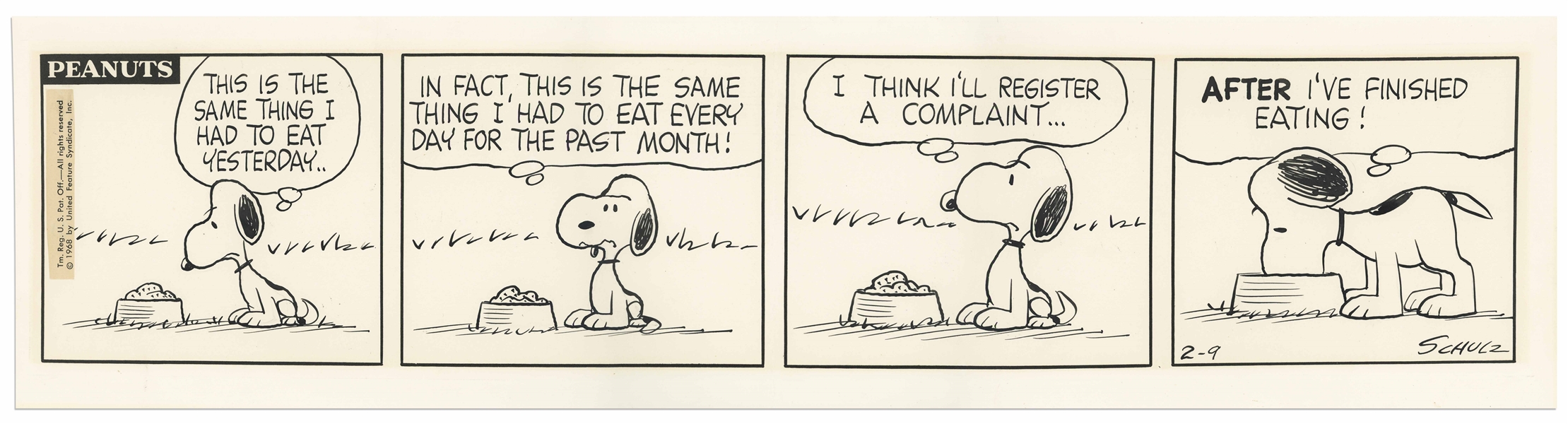 Charles Schulz Hand-Drawn & Inscribed ''Peanuts'' Comic Strip From 1968 Featuring Snoopy