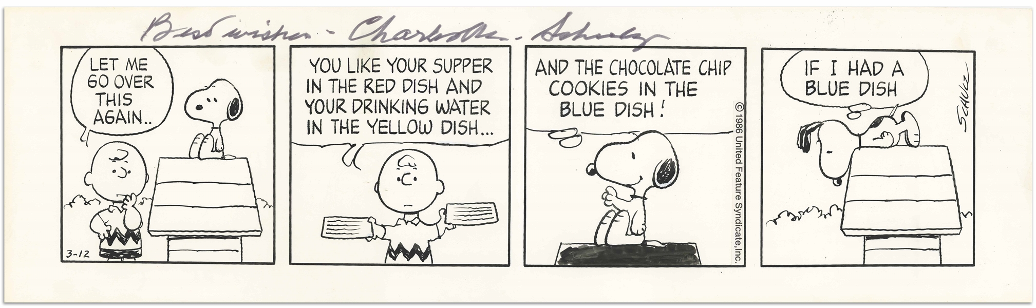 Charles Schulz Hand-Drawn ''Peanuts'' Comic Strip From 1986 -- Charlie Brown & Snoopy Negotiate His Treats