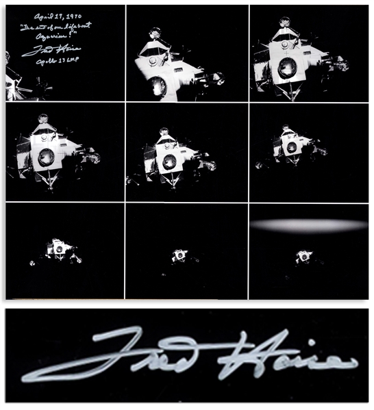 Fred Haise Signed 20'' x 16'' Photo of Apollo 13's ''Lifeboat'', the Lunar Module After It Was Jettisoned Just Before Reentry -- Haise Writes ''The end of our lifeboat Aquarius!''