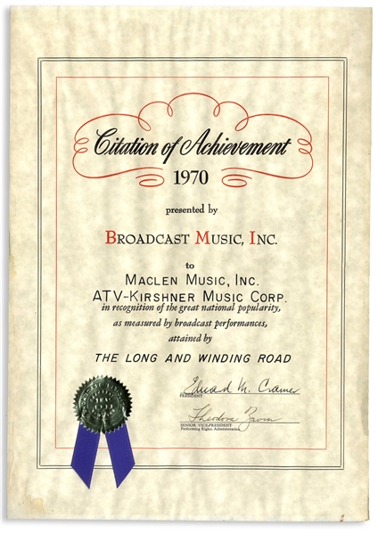 BMI Award for The Beatles Song ''The Long and Winding Road''