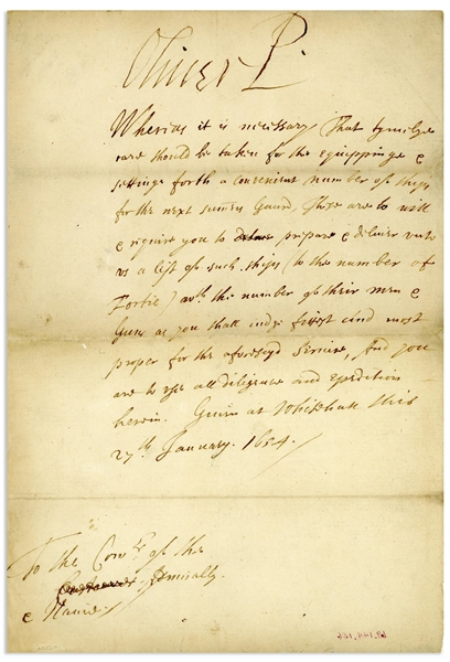 Oliver Cromwell Letter Signed ''Oliver P'' as Lord Protector of the Commonwealth