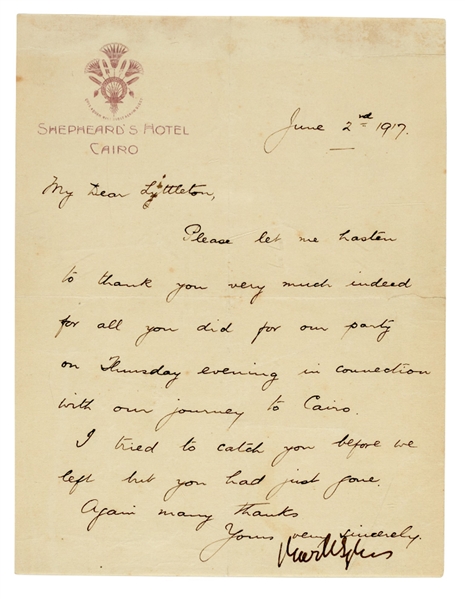 Sir Mark Sykes Letter Signed From 1917, During Negotiations of the Pro-Zionist Balfour Declaration