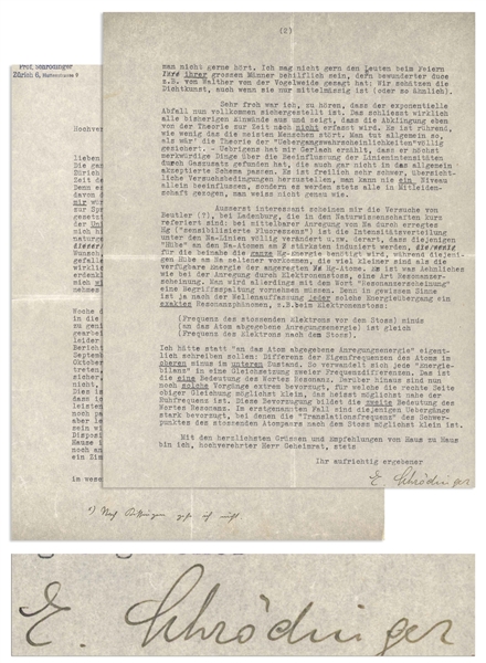 Erwin Schrodinger Lengthy Letter Signed From 1927, One Year After He Published the Schrodinger Equation, for Which He Won the Nobel Prize