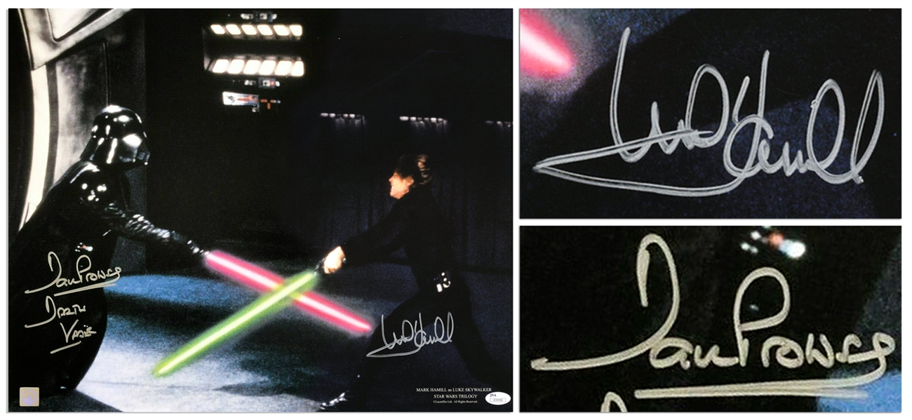 Mark Hamill and Dave Prowse Signed 20'' x 16'' Star Wars Photo Showing Their Famous Light Saber Duel -- With JSA COA