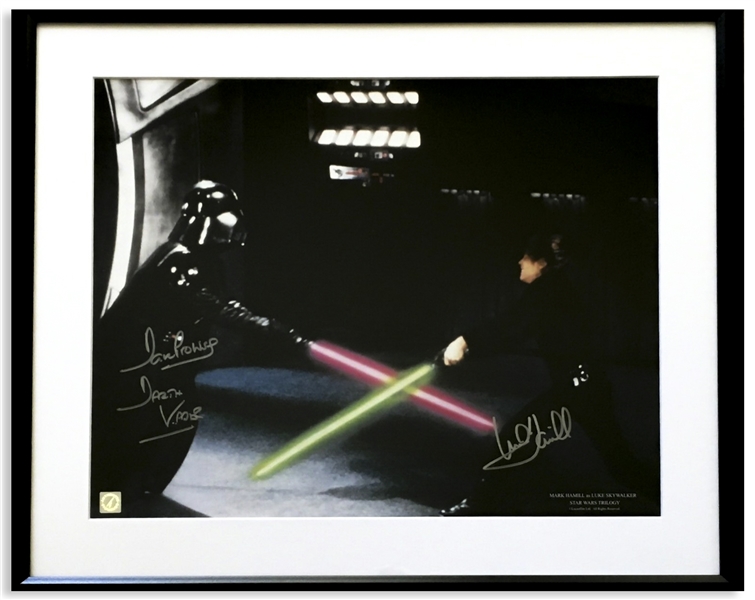 Mark Hamill and Dave Prowse Signed 20'' x 16'' Star Wars Photo Showing Their Famous Light Saber Duel