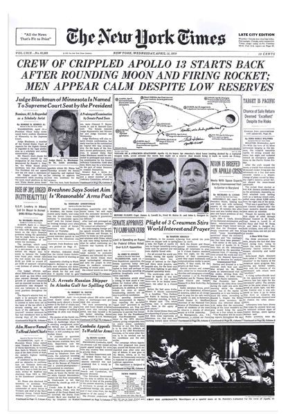 Fred Haise Signed ''New York Times'' Poster From 15 April 1970, Reporting on the Perilous Apollo 13 Mission -- Haise Also Writes, '''Houston, we've had a problem here!'''
