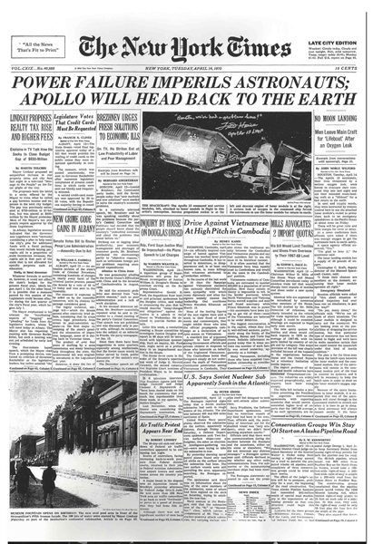 Fred Haise Signed ''New York Times'' Poster From 14 April 1970, With Dramatic Reporting on the Apollo 13 Disaster -- Haise Also Writes, '''Houston, we've had a problem here!'''