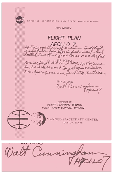Walt Cunningham Signed Copy of the Apollo 7 Flight Plan -- Also With His Handwritten Reflections on the Mission ''...Apollo 7 was our first step to the Moon...''
