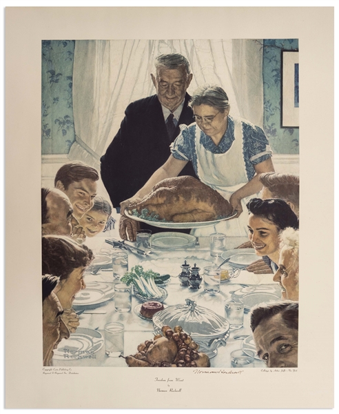 Norman Rockwell Signed ''Freedom From Want'' Poster Measuring 29'' x 35'' -- Rockwell Uses Thanksgiving to Symbolize One of the Four Freedoms