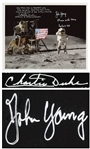 John Young and Charlie Duke Signed 10 x 8 Lunar Photo of Young Saluting the U.S. Flag During the Apollo 16 Mission -- Duke Additionally Writes, Hey John...Come give me a big Navy salute