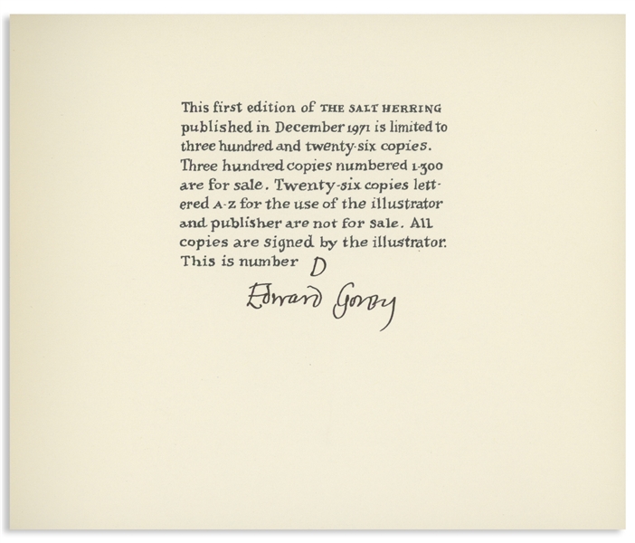 Edward Gorey Twice-Signed Limited First Edition of ''The Salt Herring'' -- Letter ''D'' in the Limited Edition Not for Sale