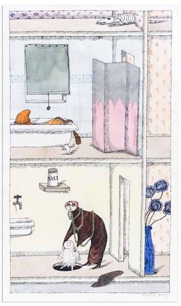 Edward Gorey Watercolor Entitled ''Les Roses bleuatres l'oubliette dans la cuisine'', Originally Exhibited at Gorey's 1975 Graham Gallery Show & Subsequently Featured in ''Goreyana''
