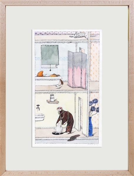 Edward Gorey Watercolor Entitled ''Les Roses bleuatres l'oubliette dans la cuisine'', Originally Exhibited at Gorey's 1975 Graham Gallery Show & Subsequently Featured in ''Goreyana''