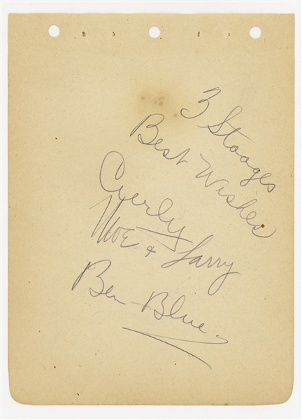 The Three Stooges Signed Album Page Including Curly's Signature -- Signed by Curly, Moe and Larry