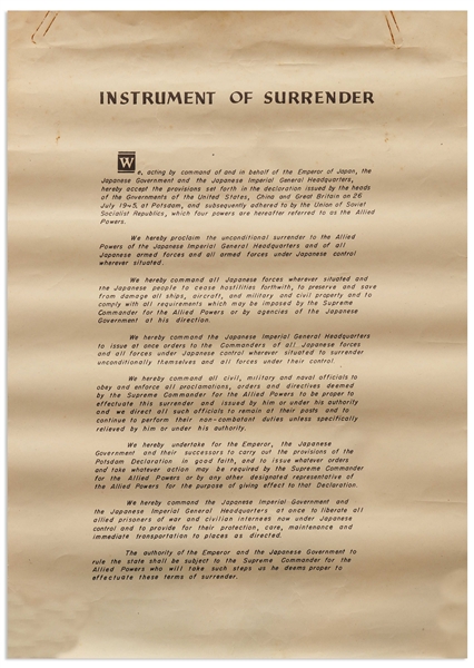 World War II Full-Size Period Copy of the Japanese Instrument of Surrender -- One of a Limited Number Made for U.S. Military Personnel in Japan