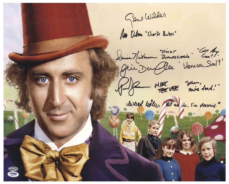 Willy Wonka Cast-Signed 20'' x 16'' Photo With Actors Adding Their Character's Names & Best Bits of Dialogue -- With PSA/DNA COA for All Six Signatures
