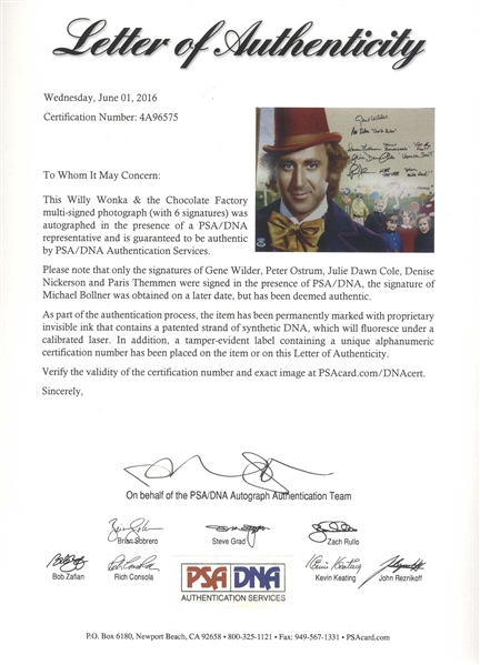 Willy Wonka Cast-Signed 20'' x 16'' Photo With Actors Adding Their Character's Names & Best Bits of Dialogue -- With PSA/DNA COA for All Six Signatures
