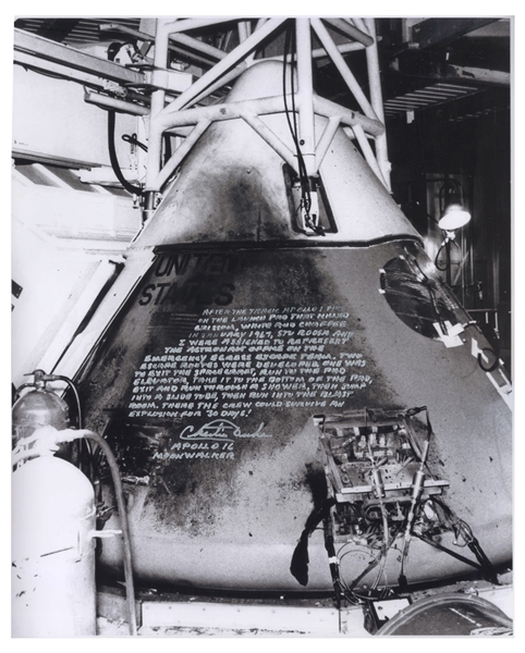 Apollo 16 Moonwalker Charlie Duke Signed 16'' x 20'' Photo of the Destroyed Apollo 1 Command Module -- Duke Served on the Post-Fire Team to Improve Safety for the Apollo Astronauts